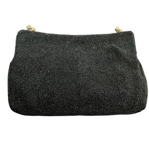 Vintage 1960s Black Hand Beaded Gucci Clutch with Gold Hardware